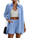Beyove Women's Two Piece Linen Set Button Down 3/4 Sleeve High Low Hem Shirt Blouse and Shorts Set with Pockets, Blue L
